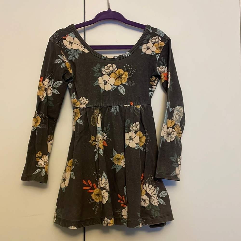 Star Wars Girls Floral Long-Sleeve Dress in Charcoal, Yellow, White